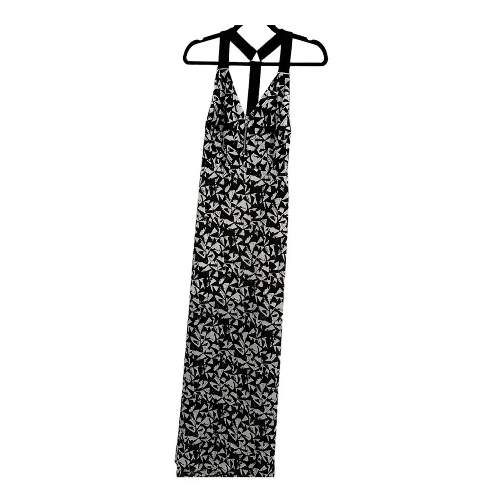 ALC Black Patti Printed Silk V Neck Halter Cross Back Maxi Dress Resort Vacay - Picture 4 of 12